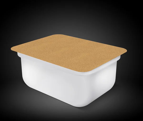 White plastic blank bank for food, oil, mayonnaise, margarine, cheese, ice cream, olives, pickles, sour cream with eco paper cover. Food and drink plastic blank. Template Ready For Your Design. Isolat — Stock Fotó