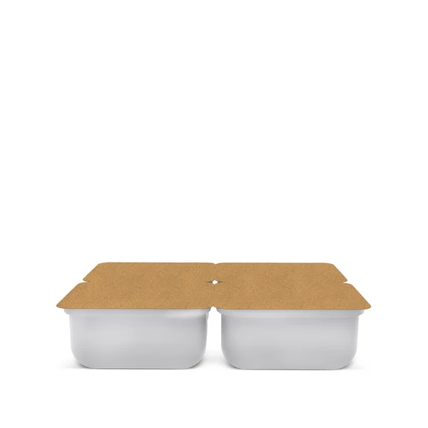 White plastic blank bank for food, oil, mayonnaise, margarine, cheese, ice cream, olives, pickles, sour cream with eco paper cover. Food and drink plastic blank. Template Ready For Your Design. Isolat — ストック写真