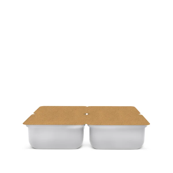 White plastic blank bank for food, oil, mayonnaise, margarine, cheese, ice cream, olives, pickles, sour cream with eco paper cover. Food and drink plastic blank. Template Ready For Your Design. Isolat — Stock Photo, Image