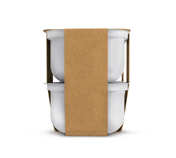 White plastic blank bank for food, oil, mayonnaise, margarine, cheese, ice cream, olives, pickles, sour cream with eco paper cover. Food and drink plastic blank. Template Ready For Your Design. Isolat — Zdjęcie stockowe