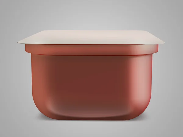 Bianco / rosso banca bianca di plastica per alimenti, olio, maionese, margarina, formaggio, gelato, olive, sottaceti, panna acida. Cibo e bevande di plastica in bianco. Modello pronto per il tuo design. Isolato su grigio. 3D i — Foto Stock