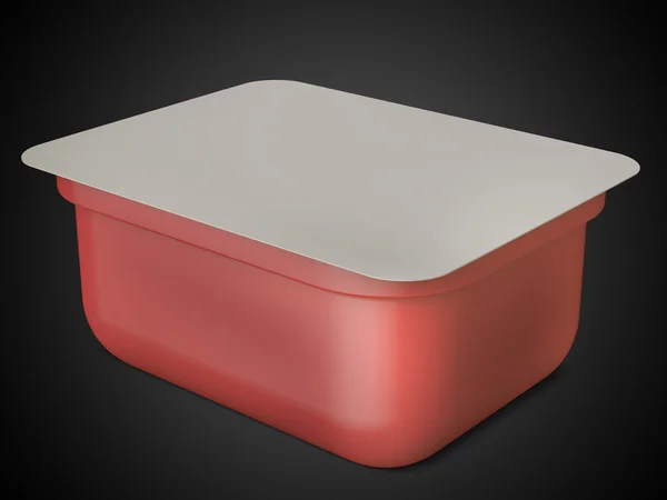 Bianco / rosso banca bianca di plastica per alimenti, olio, maionese, margarina, formaggio, gelato, olive, sottaceti, panna acida. Cibo e bevande di plastica in bianco. Modello pronto per il tuo design. Isolato sul nero. 3D — Foto Stock