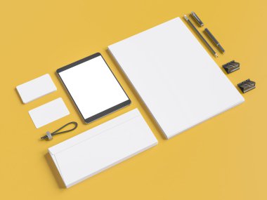 Grey branding mockup. Template set on yellow background. 3d rendering. clipart