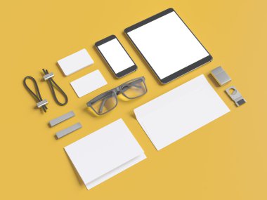 Grey branding mockup. Template set on yellow background. 3d rendering. clipart