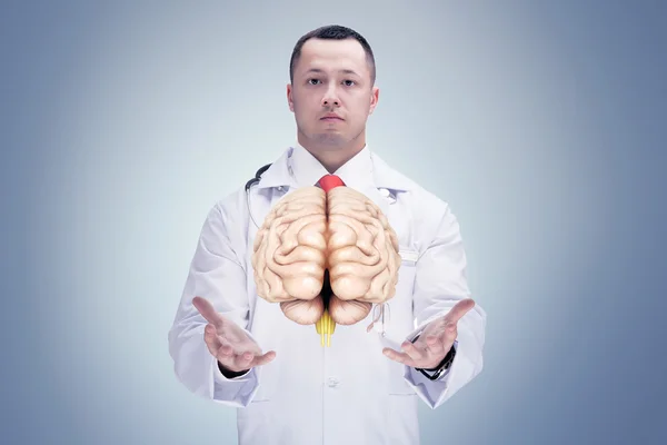 Arzt mit Stethoskop und Gehirn an den Händen. grauer Hintergrund. hohe Auflösung. — Stockfoto