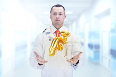 Doctor with stethoscope and golden penis on the hands in a hospital. High resolution.