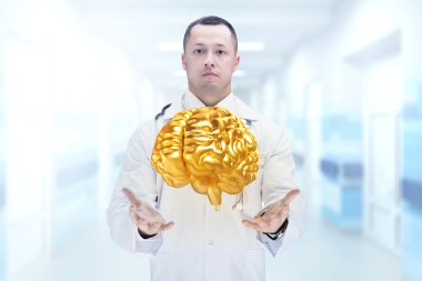 Hastanede elinde stetoskop ve altın beyinli doktor. Yüksek çözünürlük.