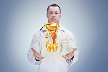 Elinde stetoskop ve altın erkek üreme sistemi olan doktor. Yüksek çözünürlük.