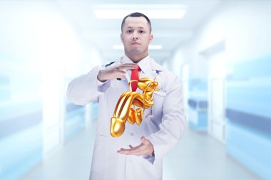 Doctor with stethoscope and golden penis on the hands in a hospital. High resolution.