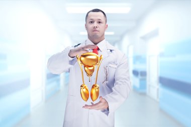 Elinde stetoskop ve altın akciğerler ilerler. Yüksek çözünürlük.