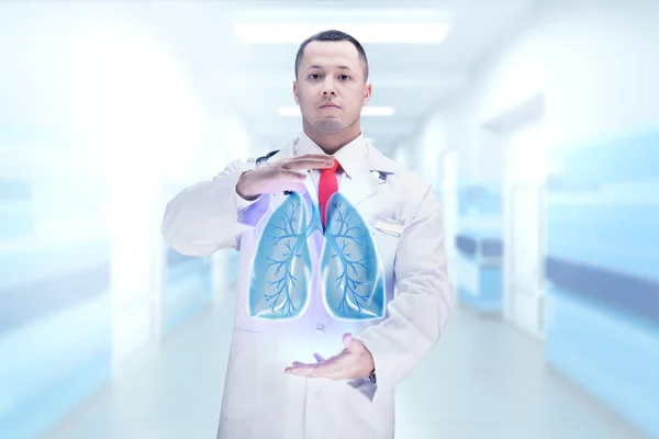 Médico con estetoscopio y pulmones en las manos en un hospital. Alta resolución . —  Fotos de Stock