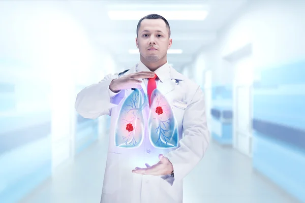 Arts met een stethoscoop en longen op de handen in een ziekenhuis. Hoge resolutie. — Stockfoto