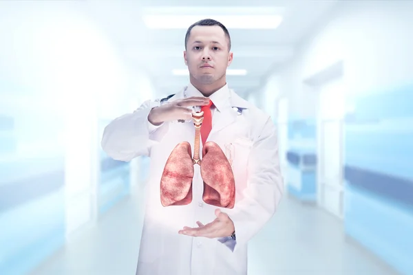 Médecin avec stéthoscope et poumons sur les mains Haute résolution . — Photo