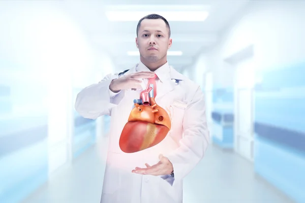 Arts met een stethoscoop en hart op de handen in een ziekenhuis. Hoge resolutie. — Stockfoto