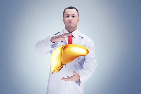 Doutor com estetoscópio e fígado dourado nas mãos. fundo cinzento. Alta resolução . — Fotografia de Stock