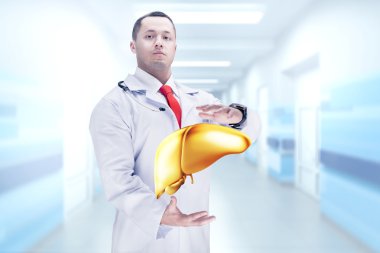 Doktor stetoskop ve bir hastanede ellerinde altın karaciğer ile. Yüksek çözünürlük.