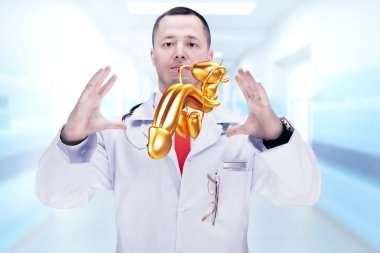 Doctor with stethoscope and golden penis on the hands in a hospital. High resolution.