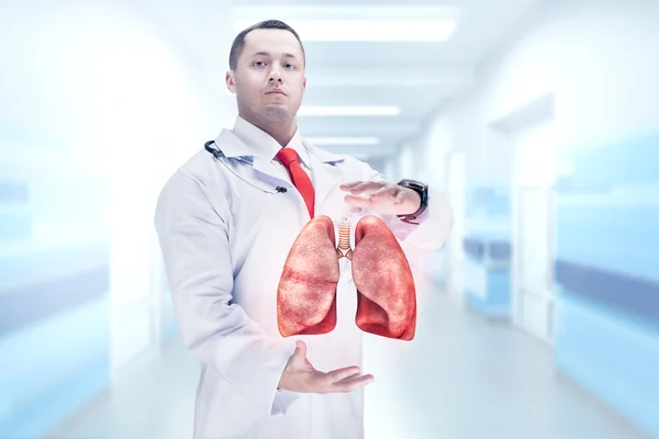 Médico con estetoscopio y pulmones en las manos en un hospital. Alta resolución . — Foto de Stock