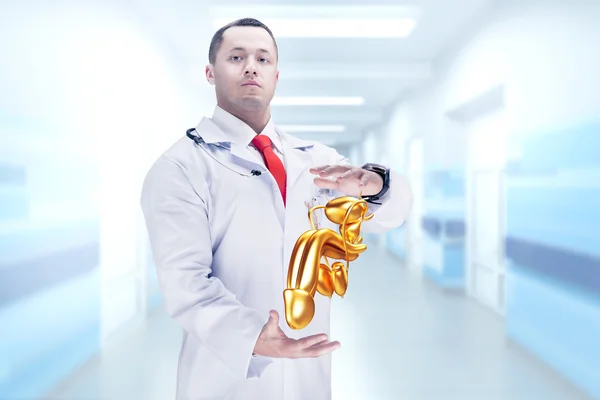 Doctor with stethoscope and golden penis on the hands in a hospital. High resolution. — Stockfoto