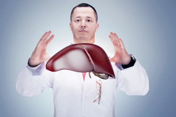 Médico con estetoscopio e hígado en las manos en un hospital. Alta resolución . — Foto de Stock