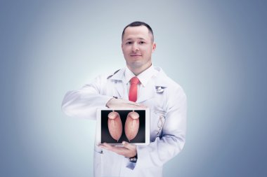 Tablet gri arka plan üzerinde insan organları tutan doktor. Yüksek çözünürlük.