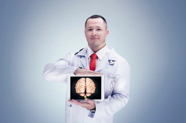 Doctor holding human organs on the tablet on grey background . High resolution. — Stock Photo, Image