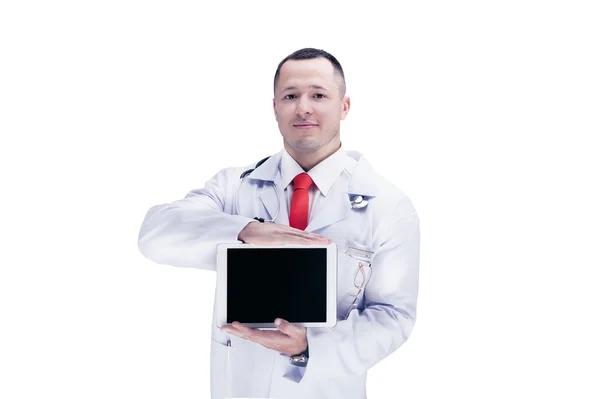 Dottore con stetoscopio in ospedale. sfondo bianco. isolato. Alta risoluzione . — Foto Stock