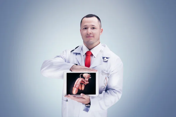 Доктор держит человеческие органы на планшете на сером фоне. Высокое разрешение . — стоковое фото