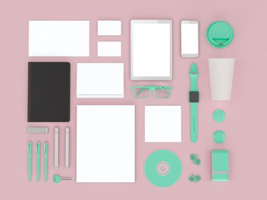 markalama mockup. renkler oyunu. Şablon siyah arka plan üzerine ayarlandı. 3d render. 3d illüstrasyon