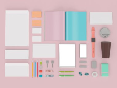 markalama mockup. renkler oyunu. Şablon siyah arka plan üzerine ayarlandı. 3d render. 3d illüstrasyon