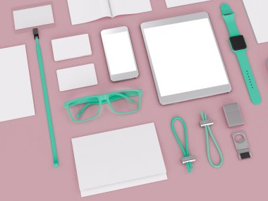 markalama mockup. renkler oyunu. Şablon siyah arka plan üzerine ayarlandı. 3d render. 3d illüstrasyon