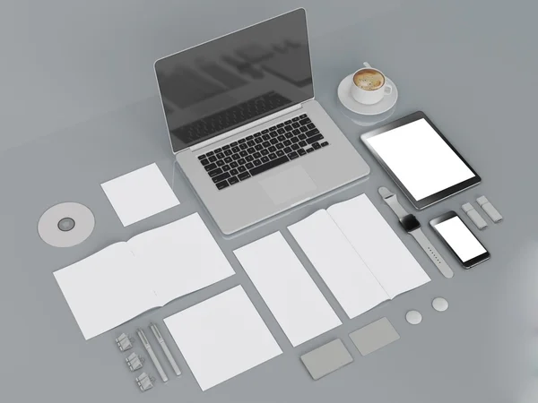 Branding mockup. Sjabloon instellen op zwarte achtergrond. 3D-rendering. 3D illustratie — Stockfoto