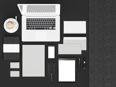 mockup marka. Siyah arka plan üzerine şablonu. 3D render. 3D çizim