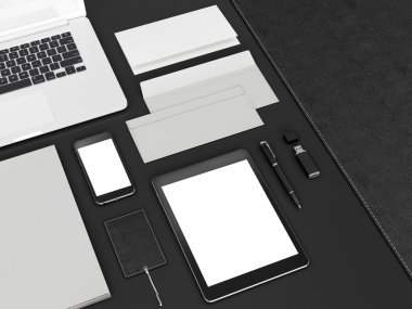 mockup marka. Siyah arka plan üzerine şablonu. 3D render. 3D çizim