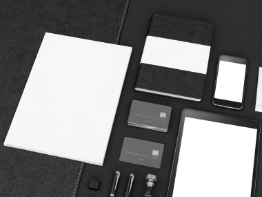 mockup marka. Siyah arka plan üzerine şablonu. 3D render. 3D çizim