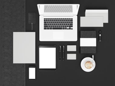 mockup marka. Siyah arka plan üzerine şablonu. 3D render. 3D çizim