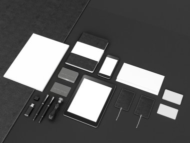 mockup marka. Siyah arka plan üzerine şablonu. 3D render. 3D çizim