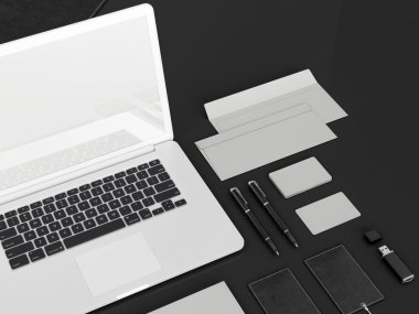 mockup marka. Siyah arka plan üzerine şablonu. 3D render. 3D çizim
