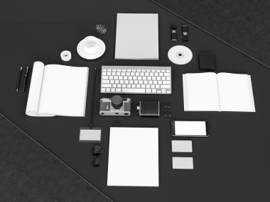 mockup marka. Siyah arka plan üzerine şablonu. 3D render. 3D çizim