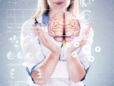 Çift Pozlama, Doktor steteskop ve elleri beyin ile . gri arka plan.