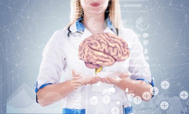 Çift Pozlama, Doktor steteskop ve elleri beyin ile . gri arka plan.