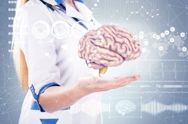 Çift Pozlama, Doktor steteskop ve elleri beyin ile . gri arka plan.