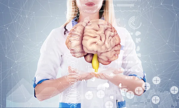 Double Exposure, Doctor with stethoscope and brains on the hands . gray background. — Stock Photo, Image