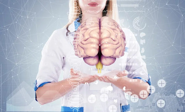 Double Exposure, Doctor with stethoscope and brains on the hands . gray background. — Stock Photo, Image