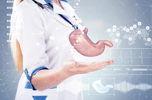 Double Exposure, Doctor with stethoscope and stomach on the hands . gray background. — Stock Photo, Image