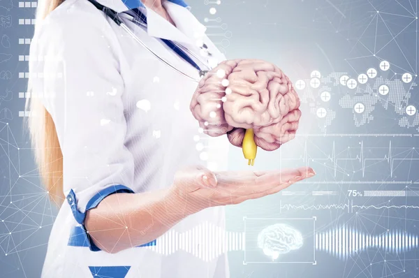 Double Exposure, Doctor with stethoscope and brains on the hands . gray background. — Stock Photo, Image
