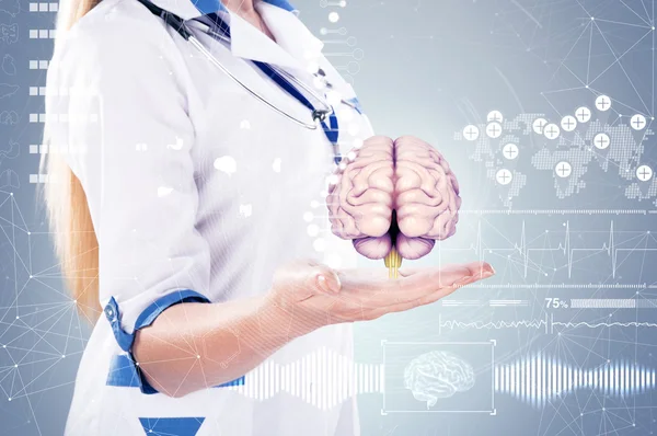 Double Exposure, Doctor with stethoscope and brains on the hands . gray background. — Stock Photo, Image