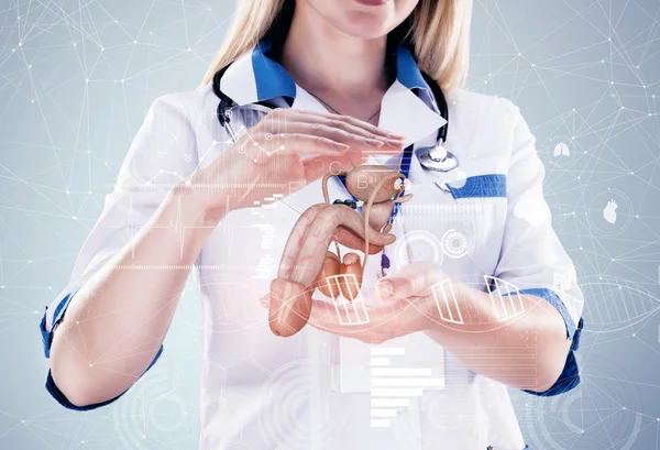 Double Exposure Doctor with stethoscope and penis on the hands in a hospital. — Stock Photo, Image