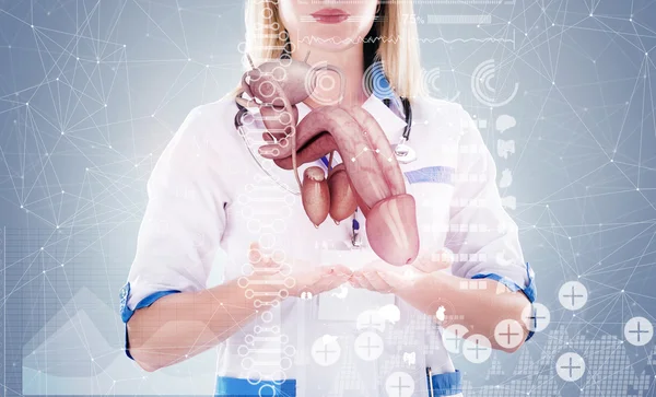Médico de dupla exposição com estetoscópio e pênis nas mãos em um hospital . — Fotografia de Stock