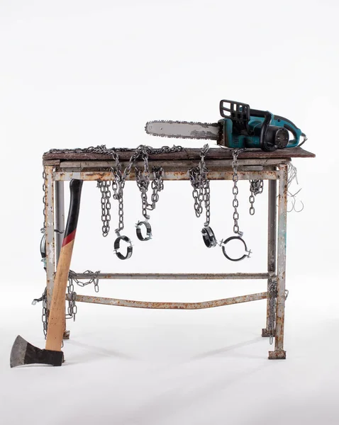 Workshop Table Chainsaw Isolated White Background Workbench Table Decorated Iron — Stock Photo, Image